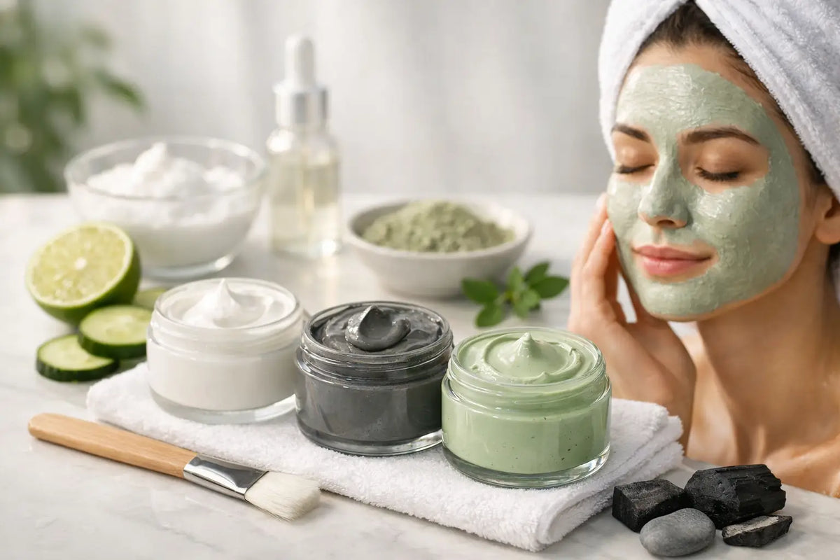 Woman wearing a green clay mask, her hand resting against her jaw, with open mask jars on the counter beside her.