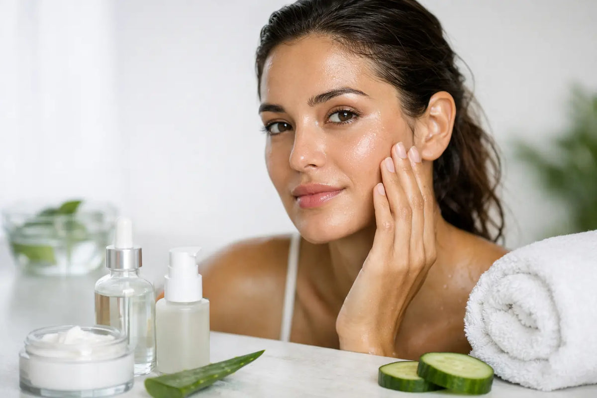 Woman resting her fingers against her cheek beside a bathroom basin, looking calmly at the camera.