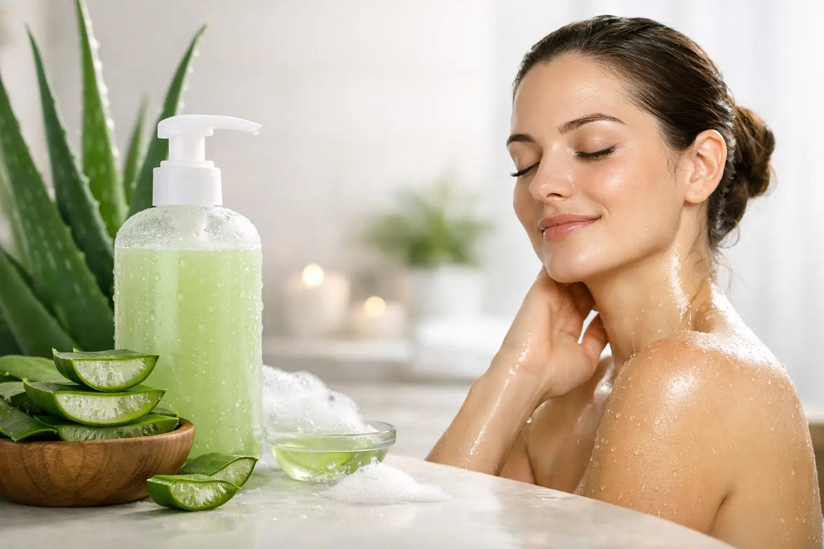 Woman with her eyes closed tilting her head back, shoulders still damp after washing, with aloe leaves nearby.