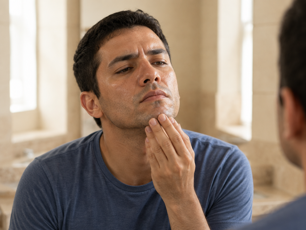 Man leaning towards the bathroom mirror, running his hand over congested skin along his chin and jaw.