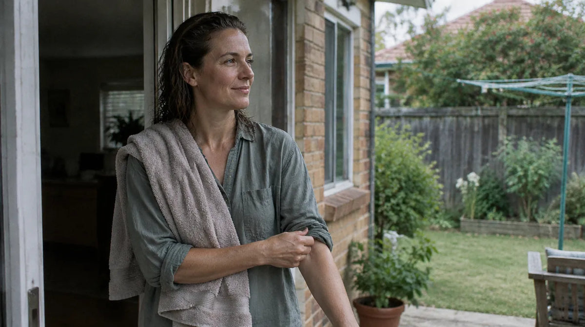 Australian woman at her back door after a shower, skin comfortable not tight - coconut oil soap benefits