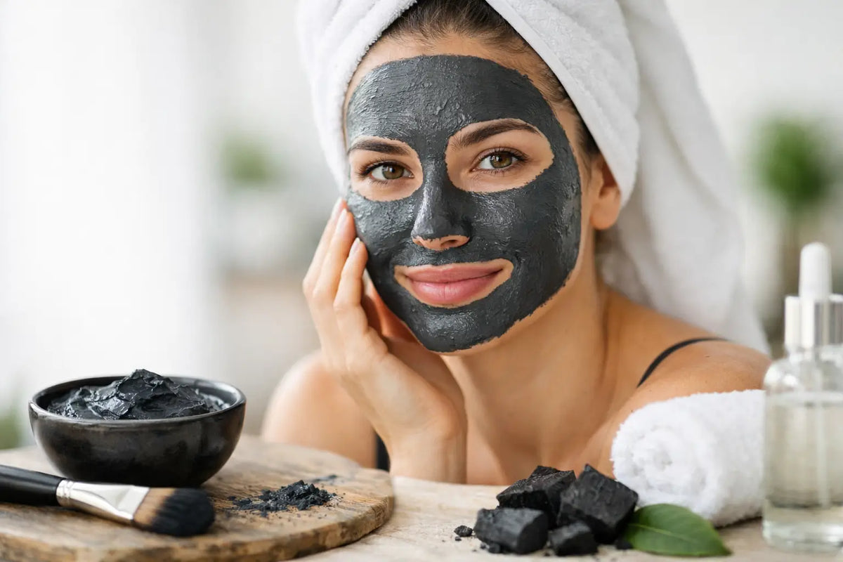 Woman in a towel turban with a dark charcoal mask across her face, resting her chin on her hand.