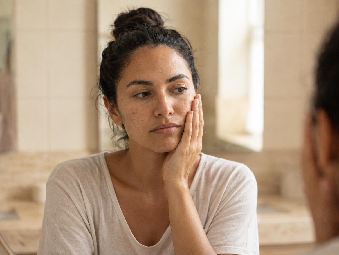 Woman resting her cheek against her hand at the bathroom mirror, studying her tired, dull-looking skin.
