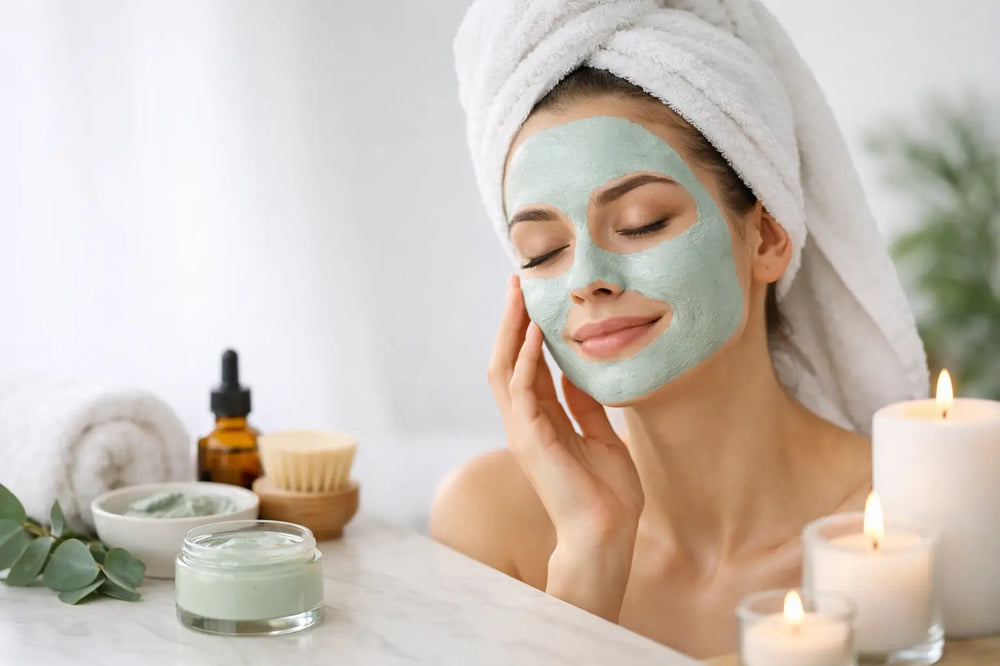 Woman in a towel turban with a green clay mask on her face, smiling with her eyes closed.