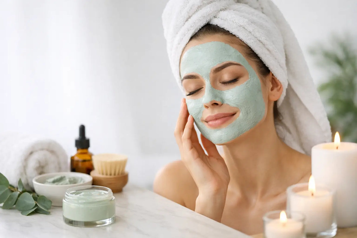 Woman in a towel turban with a green clay mask on her face, smiling with her eyes closed.