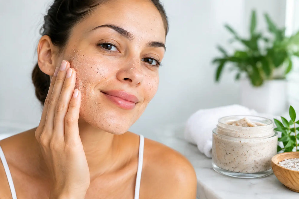 Woman smiling and touching her cheek with her fingertips, a jar of exfoliant on the bench beside her.