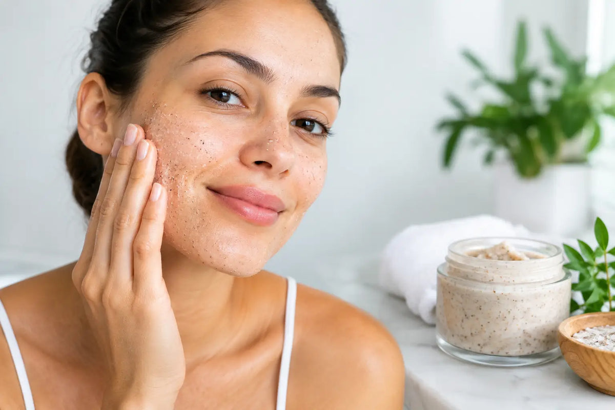 Woman smiling and touching her cheek with her fingertips, a jar of exfoliant on the bench beside her.
