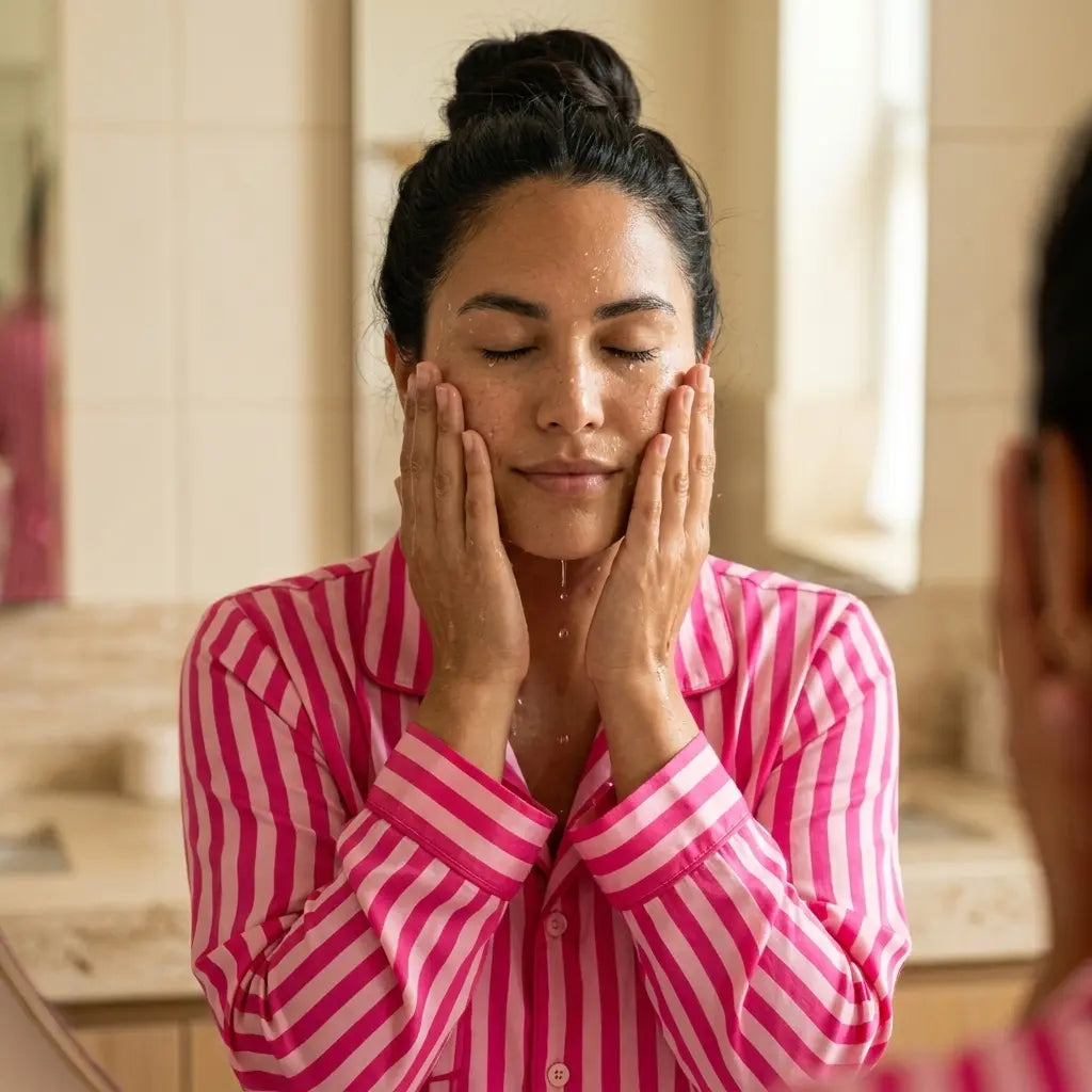 Woman with her eyes closed pressing facial oil into her cheeks with both hands at the bathroom mirror.