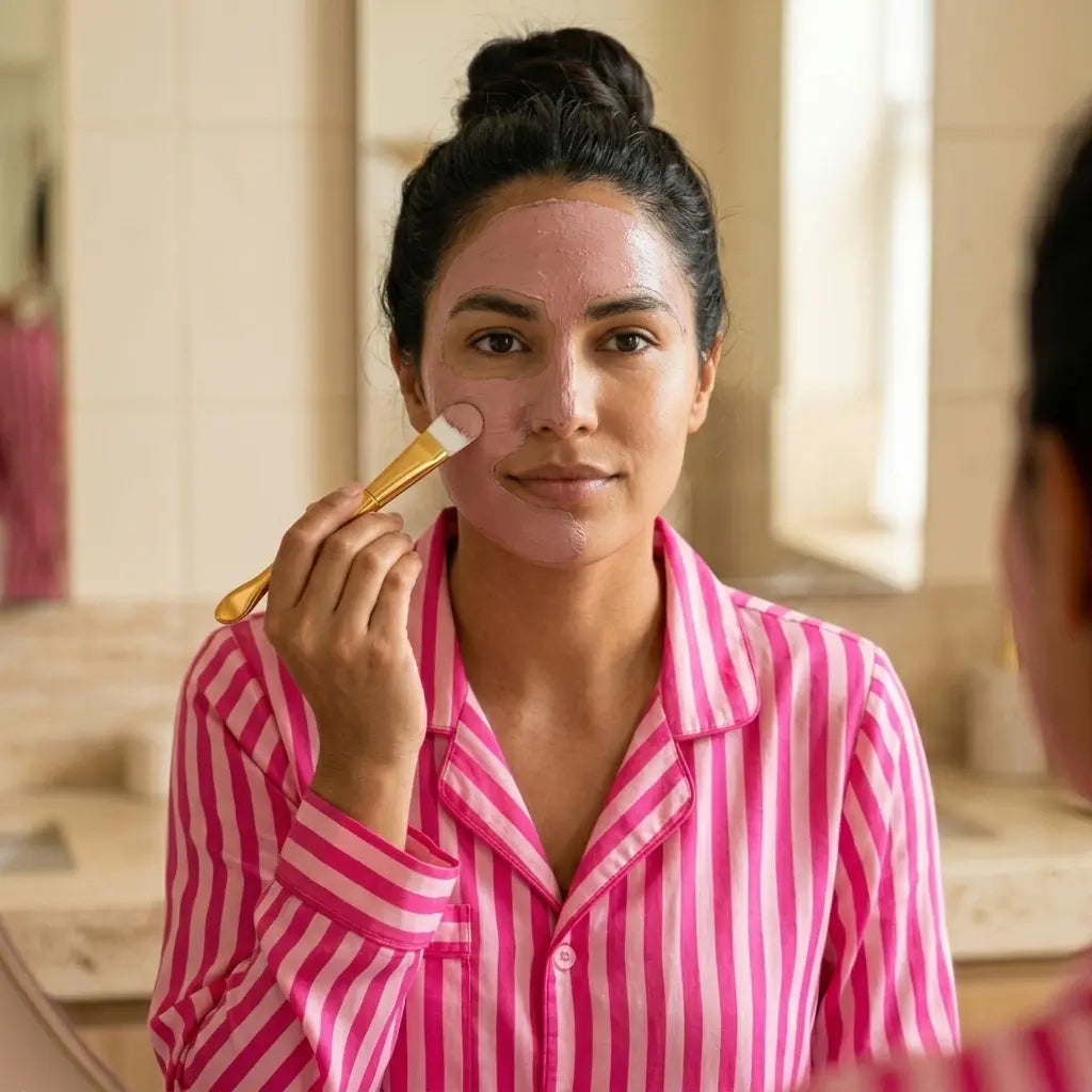 Woman sweeping an exfoliant across her cheek with a soft brush at the bathroom mirror.