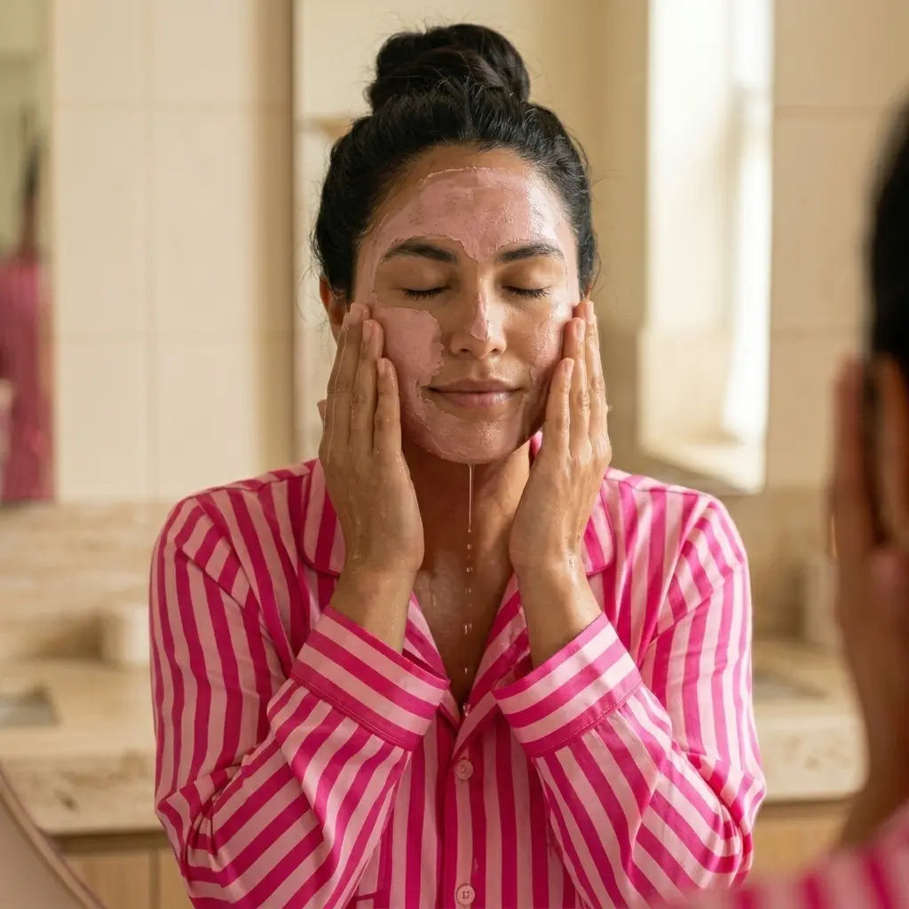 Woman working cleanser over her face with both hands, leaning towards the bathroom mirror.
