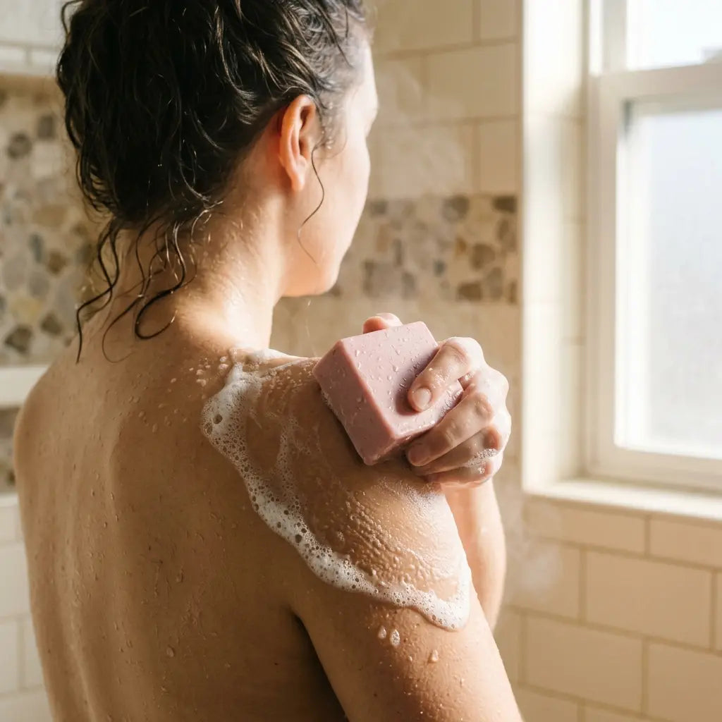 Woman in the shower drawing a pink clay soap bar across her shoulder, lather trailing behind it.