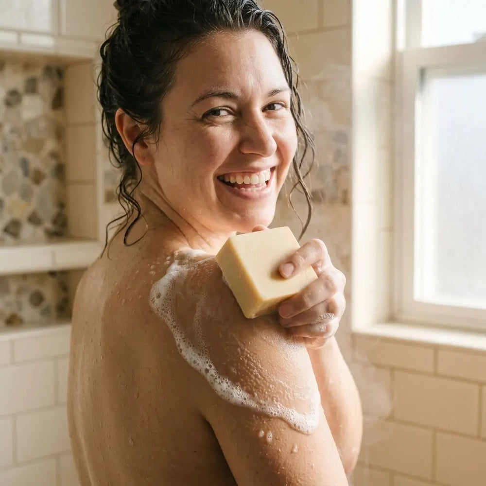 Woman laughing in the shower as she lathers a soap bar across her shoulder.
