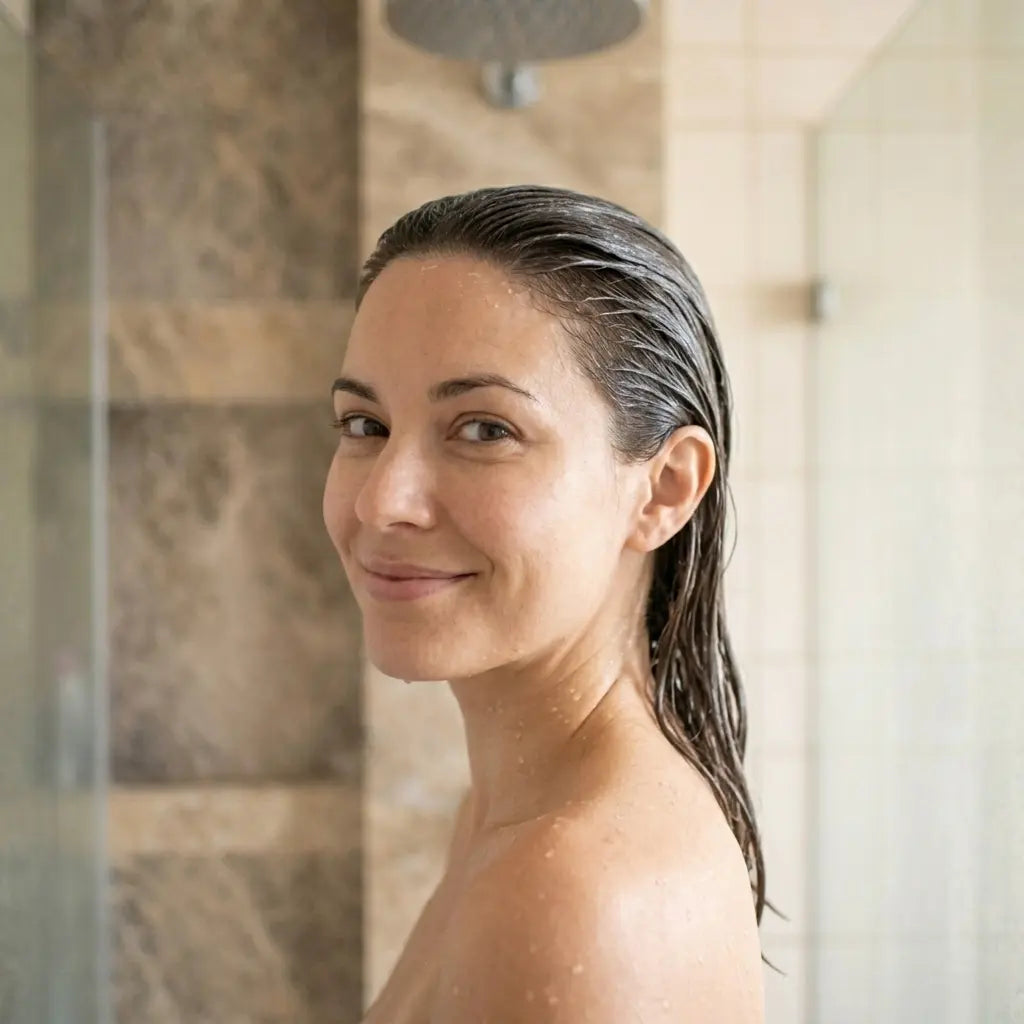 Woman smiling over her shoulder in the shower, hair wet and skin still damp.