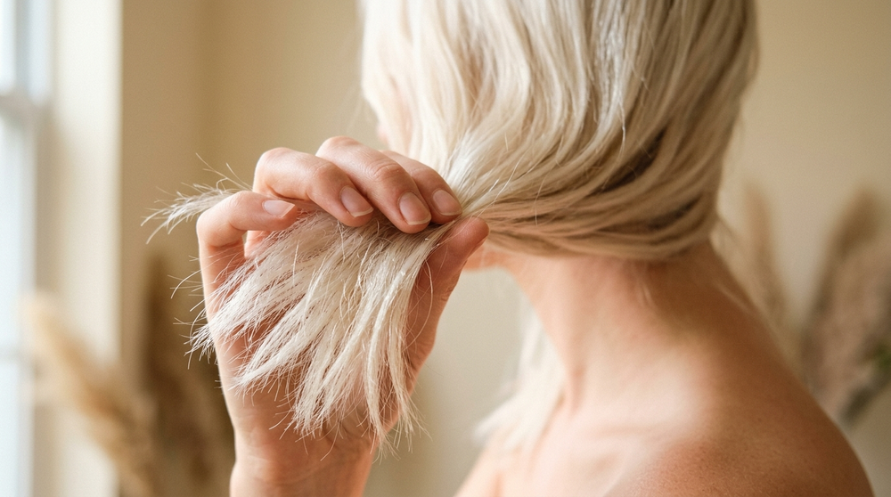 Bleached platinum blonde hair held between two fingers, showing the porous mid-lengths and ends where heat and colour damage appears first.