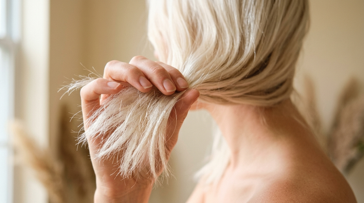 Bleached platinum blonde hair held between two fingers, showing the porous mid-lengths and ends where heat and colour damage appears first.