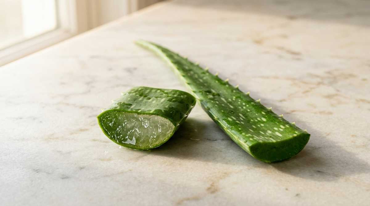 Freshly cut aloe vera leaf on pale marble with the clear soothing gel visible inside, the active part used in scalp treatments.