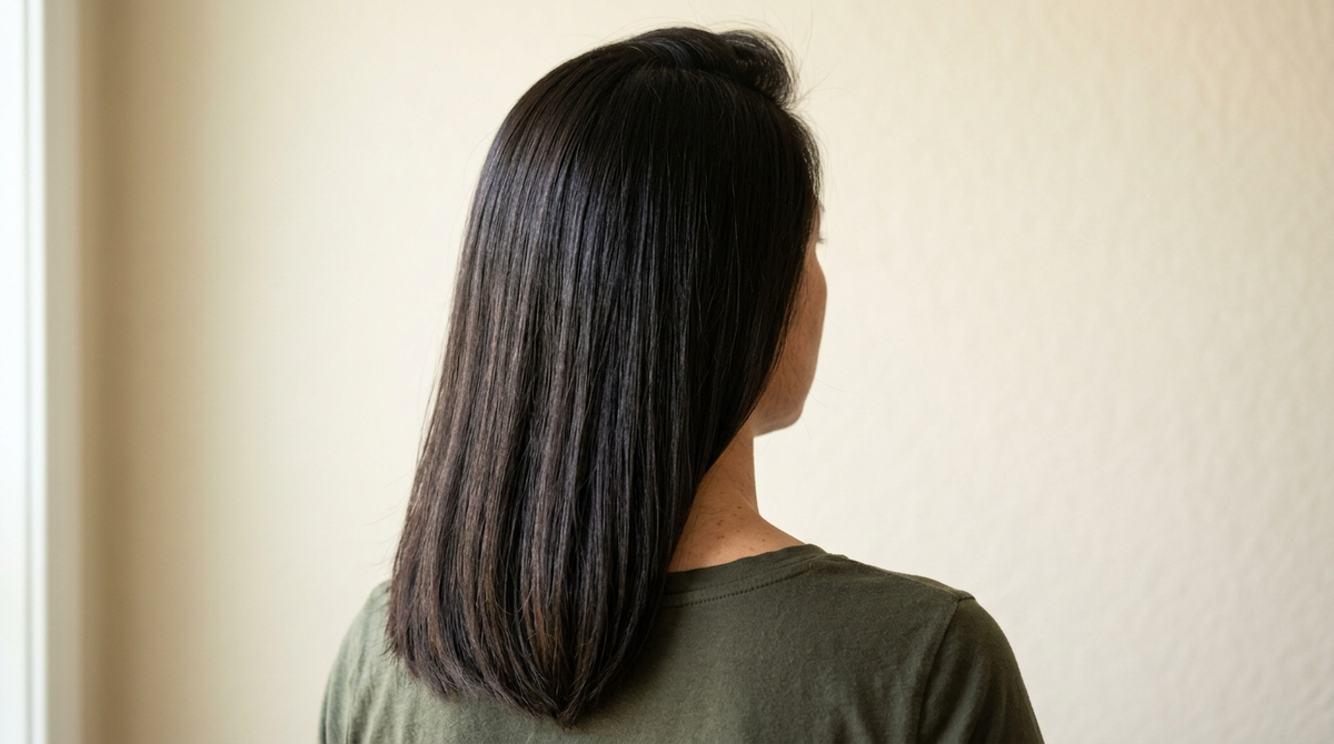 Sleek dark straight hair viewed from behind, showing lift and volume at the roots without extensions or a blowout.