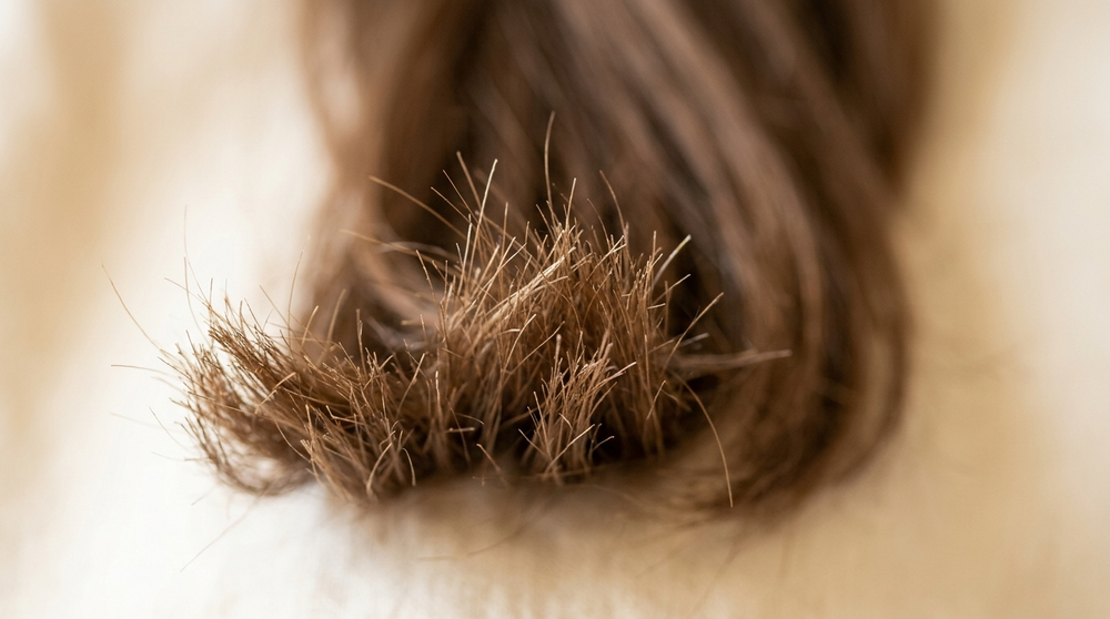Macro close-up of the ends of a section of brown hair, showing individual strands and where breakage from protein-moisture imbalance occurs.