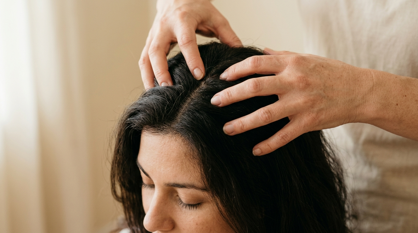 Hands gently massaging the scalp at the crown of the head, a calming ritual that supports the scalp through periods of stress.
