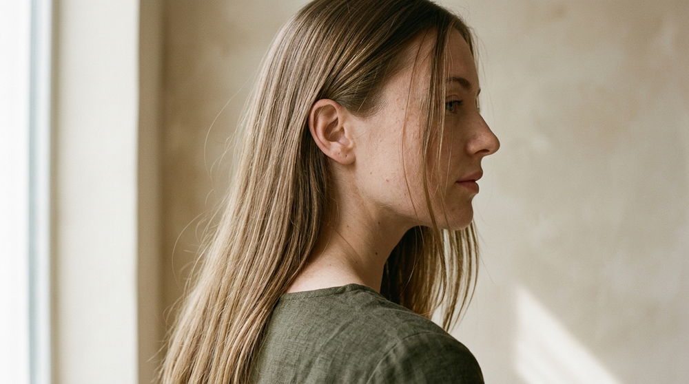Side profile of a woman with fine straight light-brown hair worn down past the shoulders, showing the thin ends that break before gaining length.