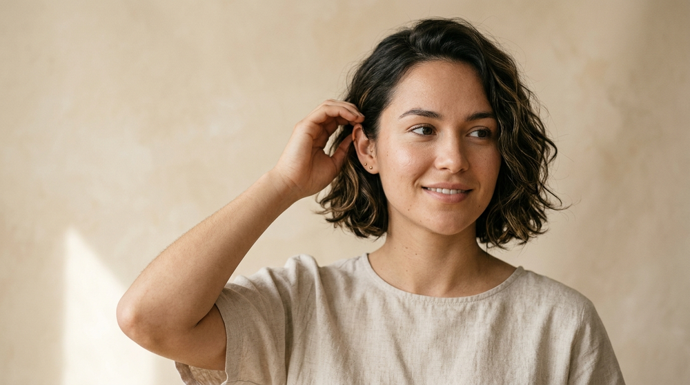 Woman with a grown-out short crop at chin length tucking her hair behind her ear, an in-between stage of growing out a pixie or big chop.