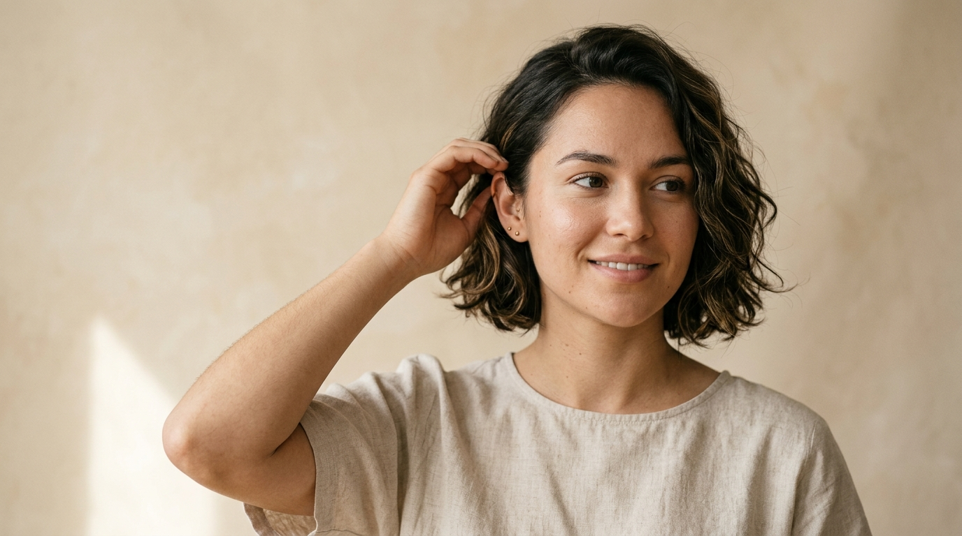 Woman with a grown-out short crop at chin length tucking her hair behind her ear, an in-between stage of growing out a pixie or big chop.