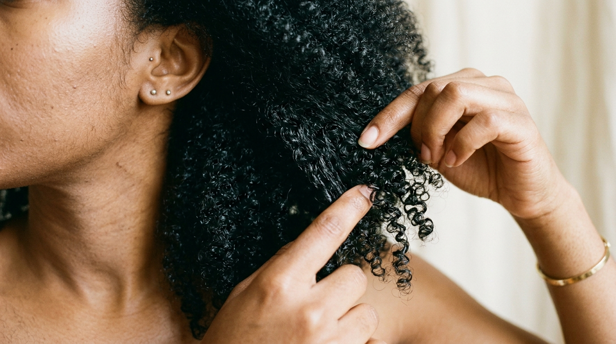 Close-up of tightly defined 4C coily hair as a woman separates a section with her fingers, showing natural texture and low-porosity shine.