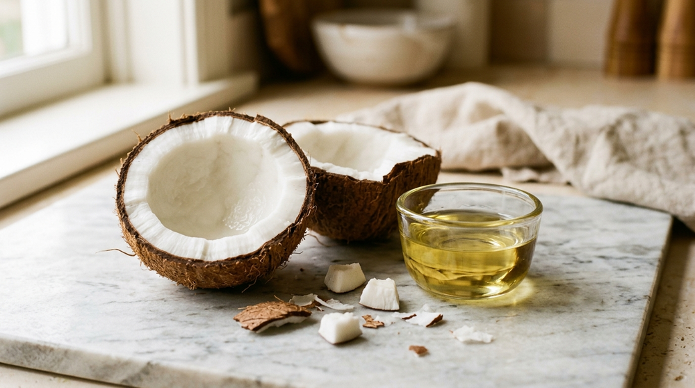 Fresh coconut split open beside a small glass dish of liquid coconut oil, the source of the lauric acid that penetrates the hair shaft.