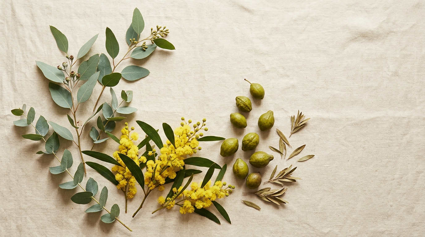 Overhead flatlay of native Australian botanicals on ivory linen — eucalyptus, golden wattle and kakadu plum — reflecting Australian-made haircare ingredients.