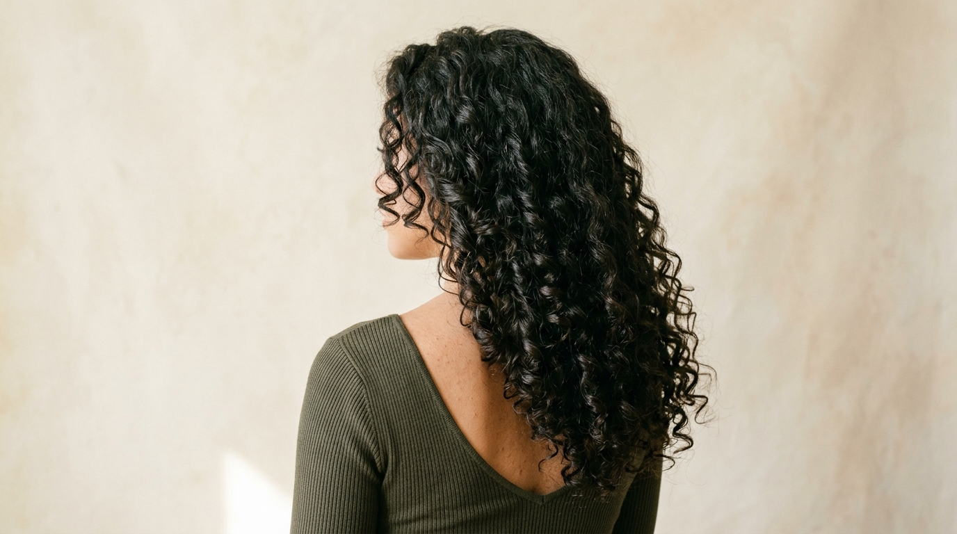 Long healthy natural curls falling past the shoulders, viewed from behind, illustrating length gained over a full hair growth cycle.