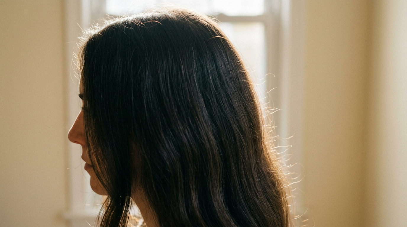 Backlit profile of dark hair with a soft halo of fine flyaway frizz glowing around the outline, the frizz that anti-frizz products stop controlling.