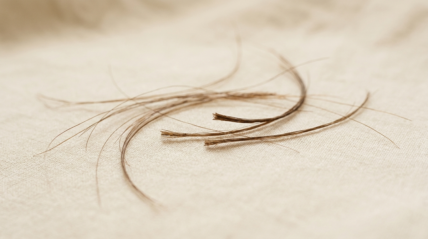 Loose brown hair strands on an ivory surface, some long and intact and some short with snapped ends, showing the difference between breakage and shedding.