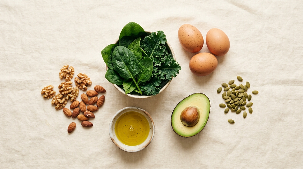 Overhead flatlay of nutrient-dense whole foods on ivory linen — leafy greens, eggs, nuts, seeds, avocado and olive oil — that support hair health.