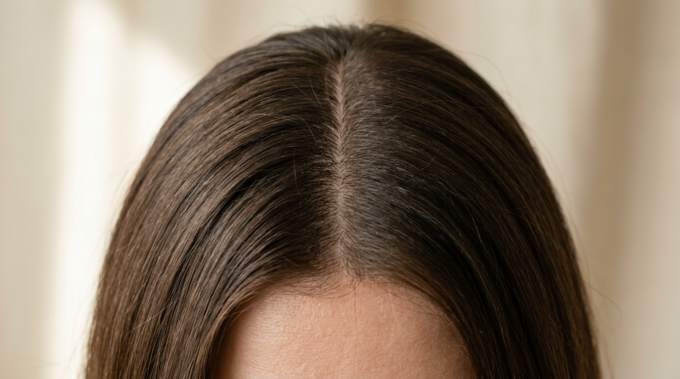 Extreme close-up of a clean centre part in mid-brown hair with the scalp visible along the part line, where combination scalp shows first.