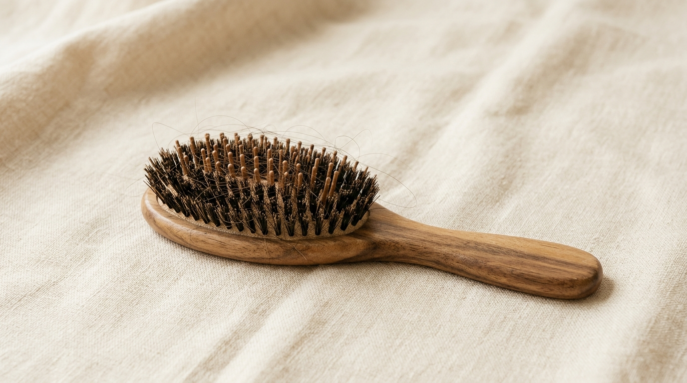Wooden bristle hairbrush on ivory linen with a normal everyday amount of shed hair caught in the bristles.
