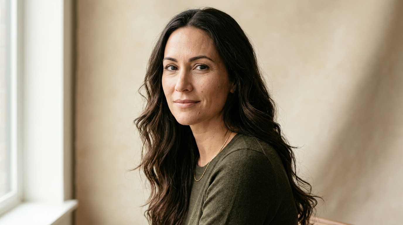 Woman in her late thirties with long healthy dark hair worn in soft natural waves, photographed without retouching.