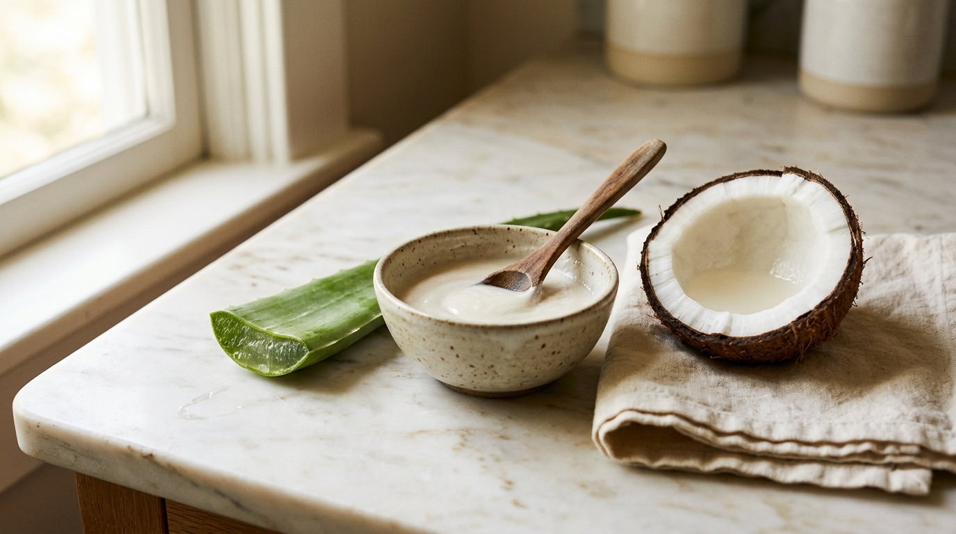 At-home hair treatment ingredients on marble: a cut aloe vera leaf, a split coconut and a bowl of blended creamy mask with a wooden spoon.