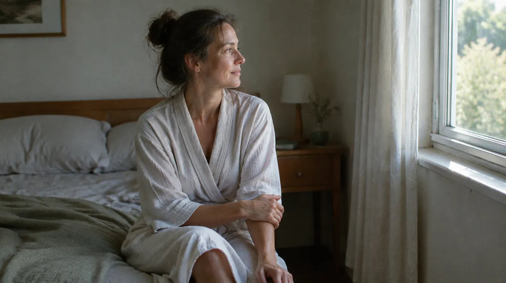 Woman in a cotton robe sitting on her bed in morning light, resting a hand on her forearm — how often should you exfoliate your body
