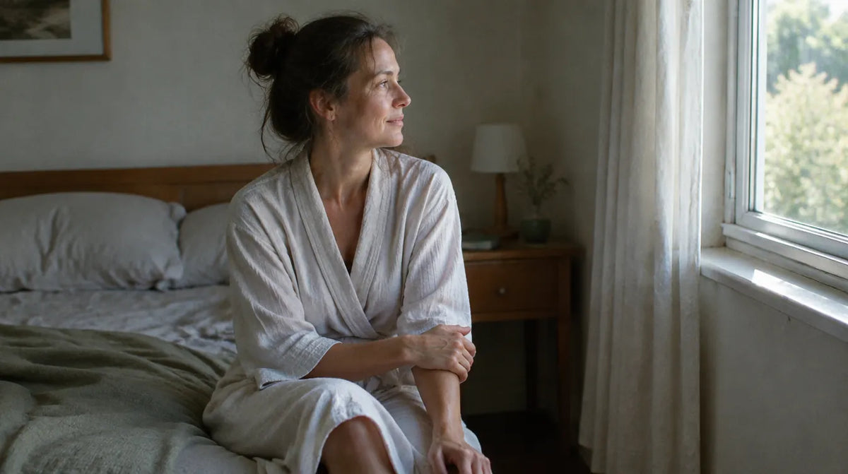 Woman in a cotton robe sitting on her bed in morning light, resting a hand on her forearm — how often should you exfoliate your body