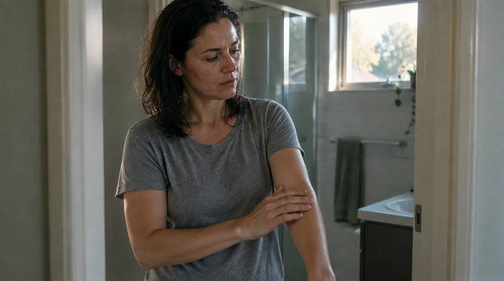 Australian woman with damp hair standing in a bathroom doorway running a hand down her forearm, the tight-skin moment behind how often should you shower