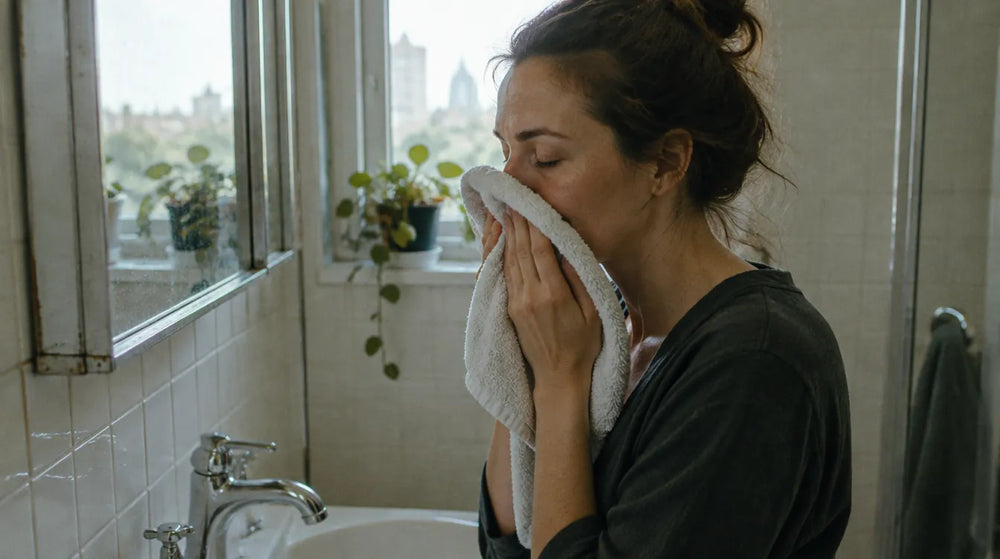 Australian woman patting her face dry with a towel after rinsing off a clay mask, illustrating how often should you use a clay mask