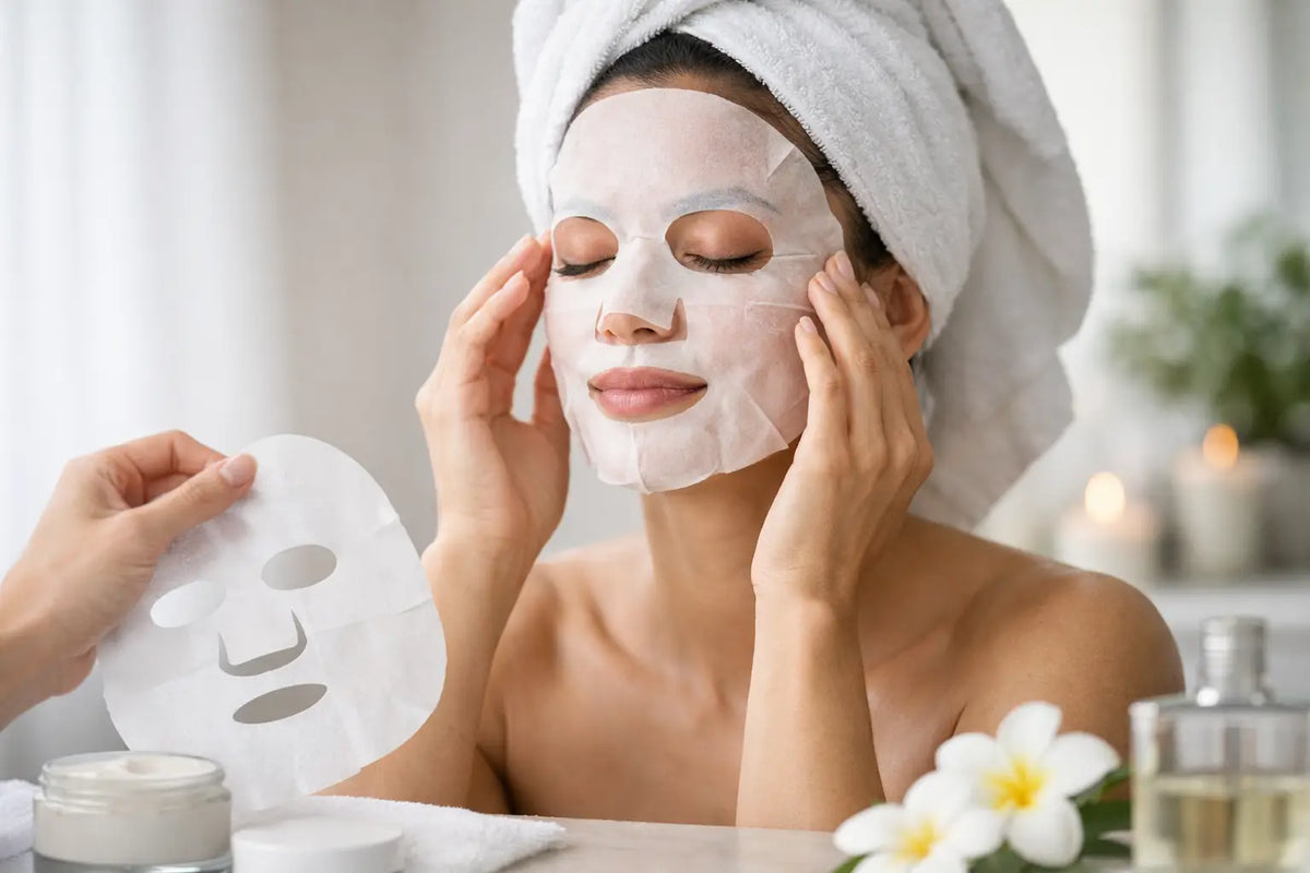 Woman with her eyes closed pressing a sheet mask onto her cheeks, a second mask sheet in her other hand.