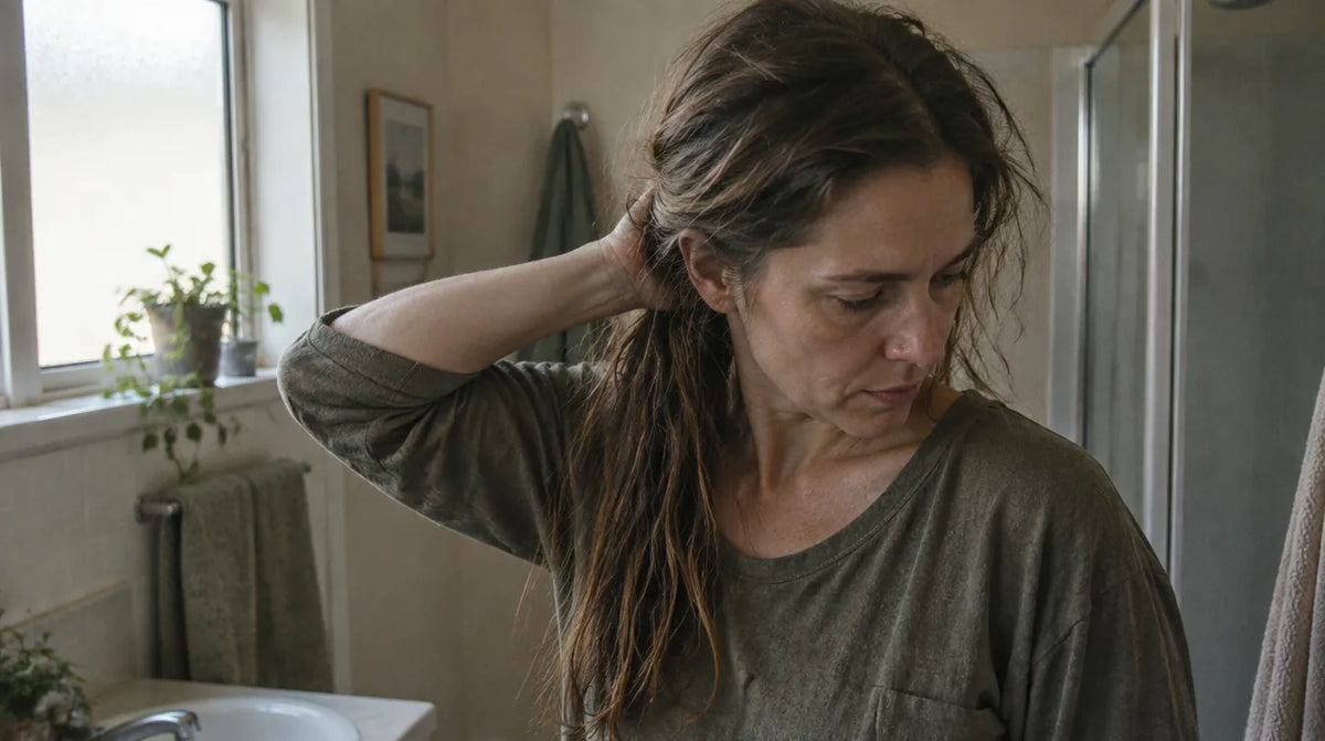 Woman in a suburban bathroom reaching behind her head to a knot at her nape, working out how to detangle matted hair