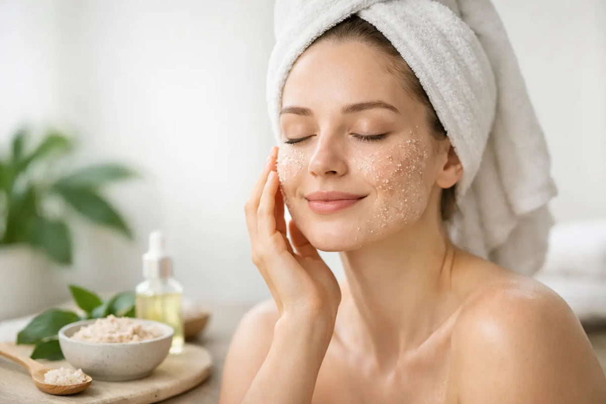 Woman in a towel turban with her eyes closed, gently pressing a fine scrub against her cheek with her fingertips.