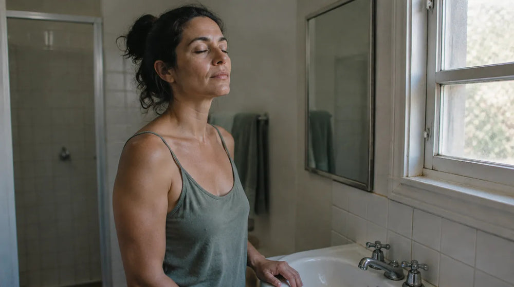 Australian woman standing calmly at her bathroom basin in morning light, the quiet five minutes that learning how to use gua sha can give you