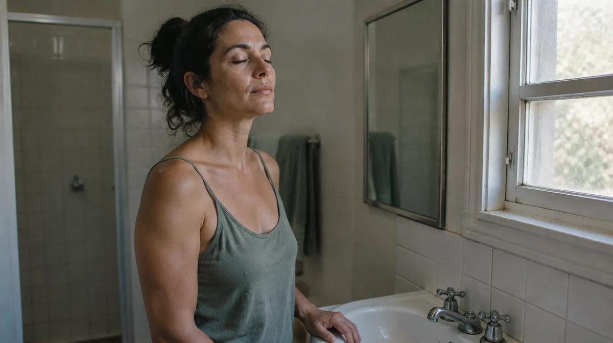 Australian woman standing calmly at her bathroom basin in morning light, the quiet five minutes that learning how to use gua sha can give you