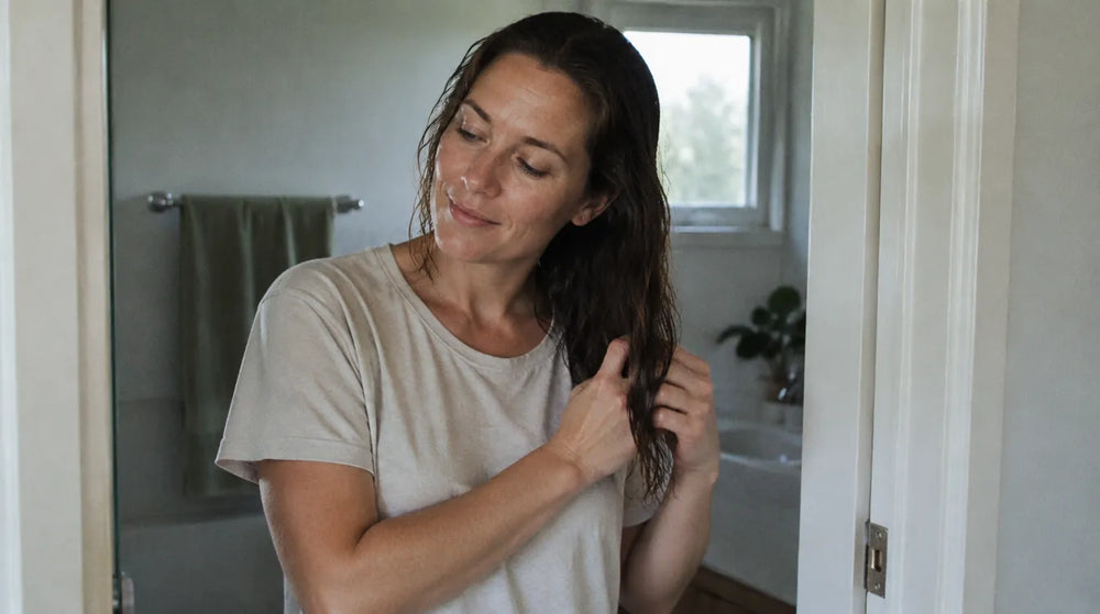Woman running her fingers through damp hair in a sunlit bathroom doorway, showing how to use leave in conditioner on towel-damp lengths