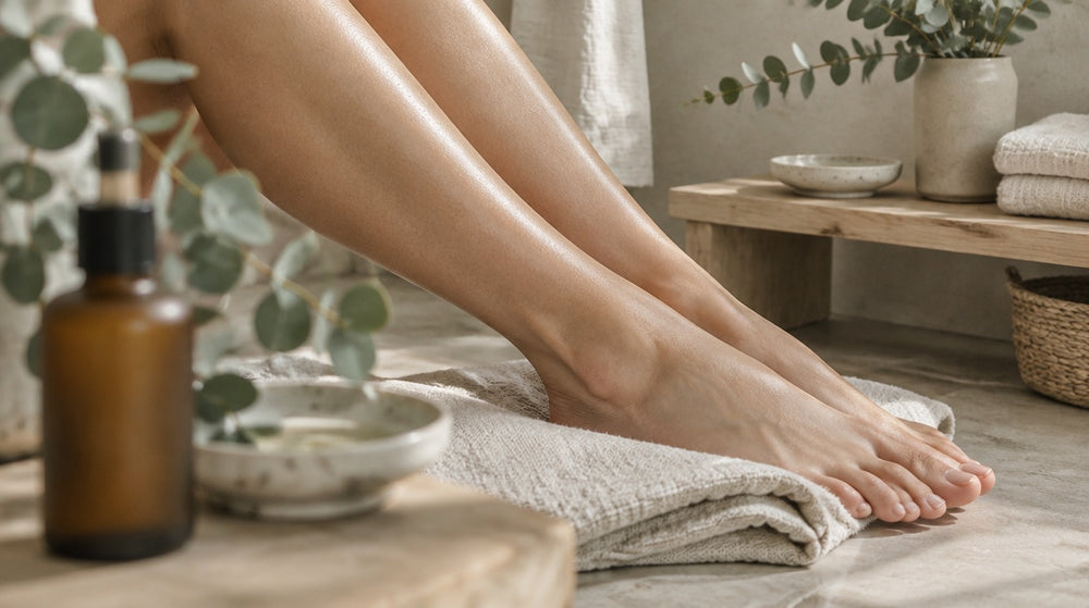Smooth bare lower legs resting on a folded linen towel beside a bathroom shelf with eucalyptus, a ceramic dish and an amber glass bottle
