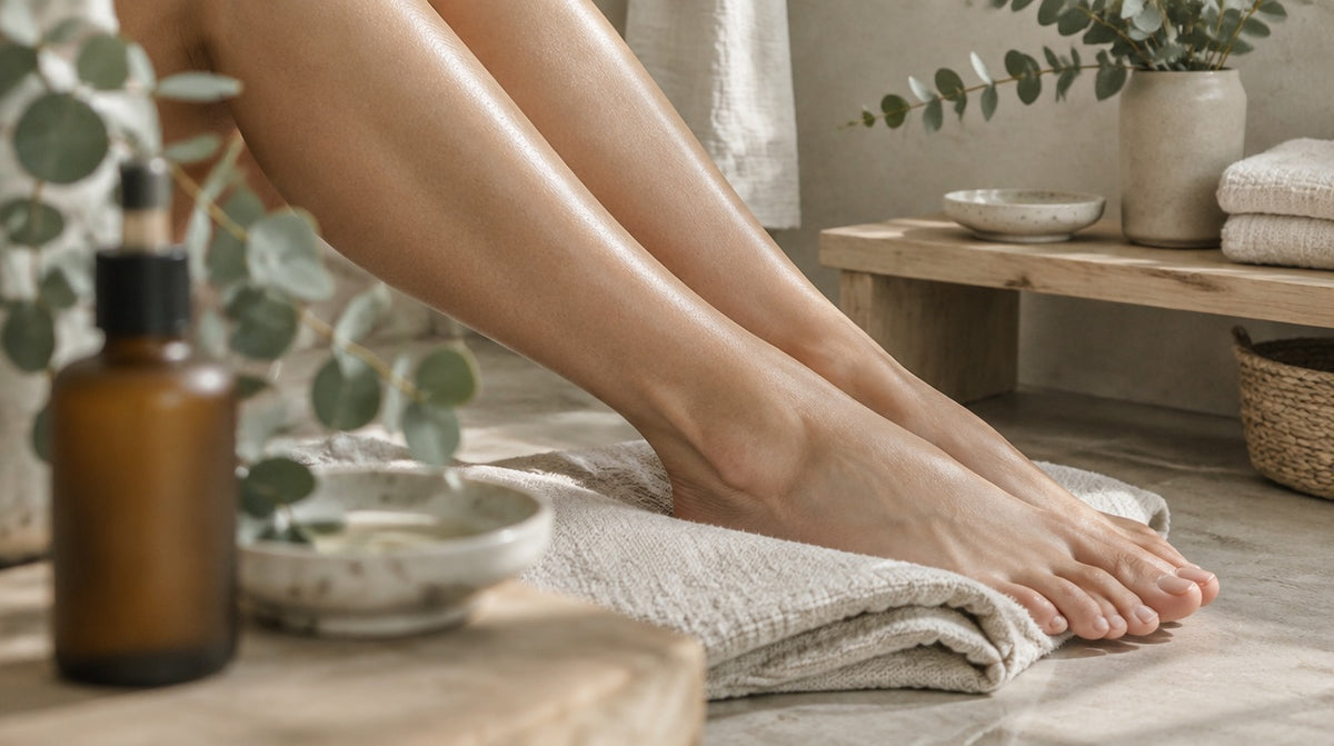 Smooth bare lower legs resting on a folded linen towel beside a bathroom shelf with eucalyptus, a ceramic dish and an amber glass bottle