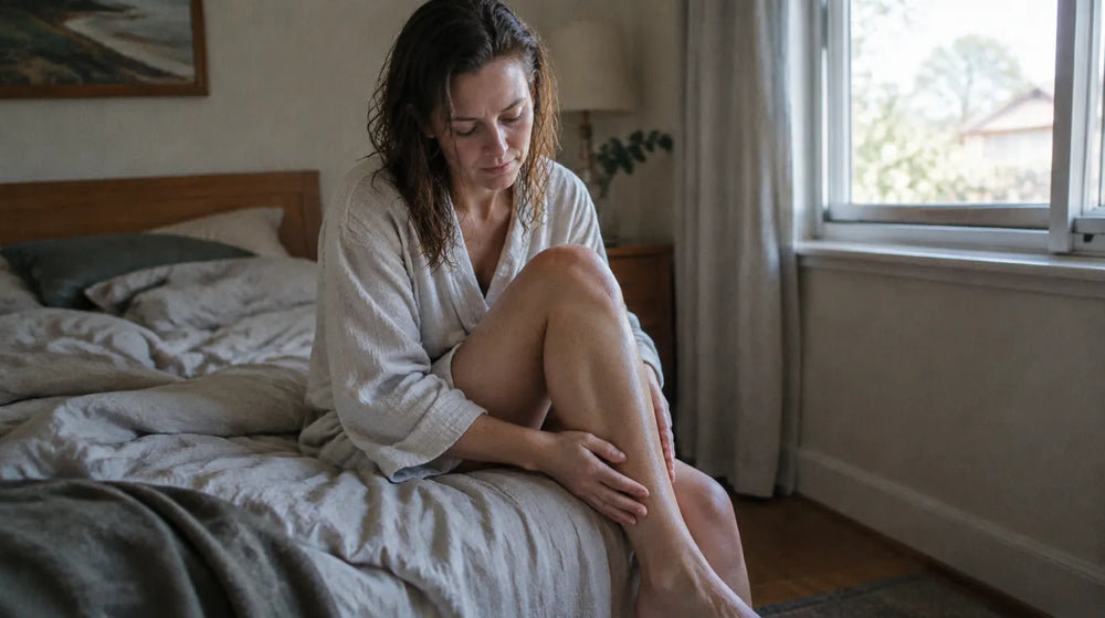 Australian woman sitting on the edge of her bed with damp hair, absently rubbing her calf - itchy skin after shower